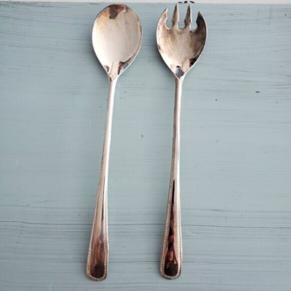 Vintage E.P. Zinc Italy FBR Silver Plated Serving Spoon Fork Set Beaded Handle - Picture 1 of 6